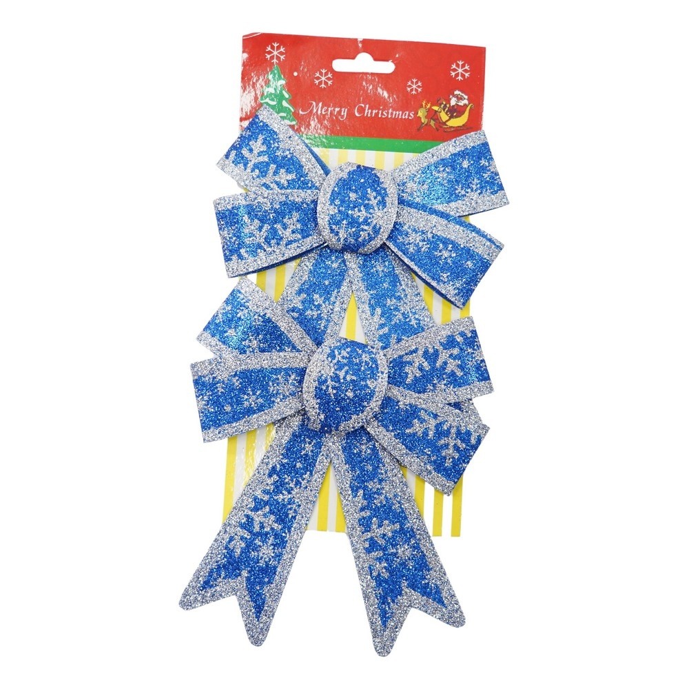Set 2 fundite pentru brad, Albastre, model de nea, cu margini argintii, 13 x 18 cm, PVC, Flippy