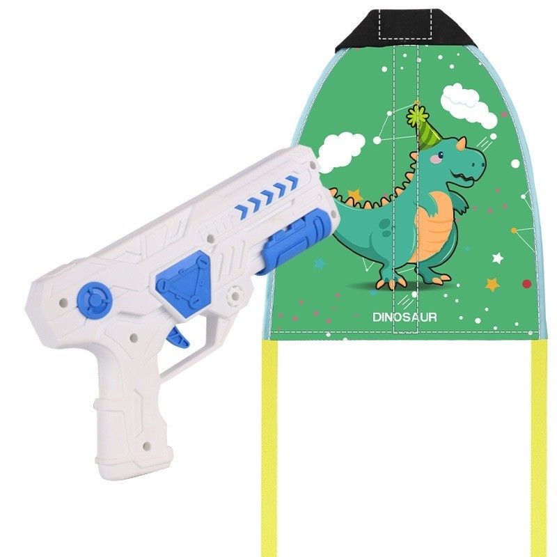 Set 2 Piese Jucarie Interactiva, Flippy, Pistol de Catapultare + Zmeu, din Plastic si Panza, +8 Ani, Impermeabil, Model Dinozaur Verde, Multicolor