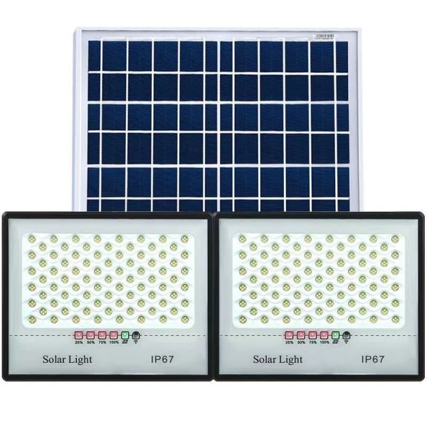 Set 2 proiectoare LED cu Panou Solar Flippy, Telecomanda, Waterproof, 200 LED-uri incorporate, 65W, 24x18 cm, IP67, Design Modern, Negru