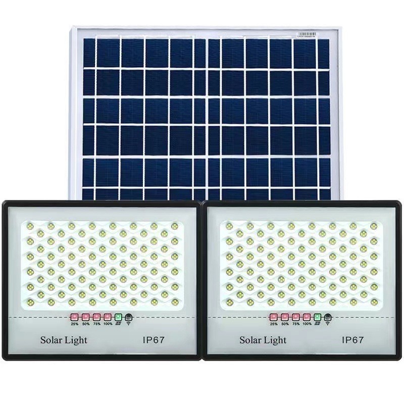 Set 2 proiectoare LED cu Panou Solar Flippy, Telecomanda, Waterproof, 200 LED-uri incorporate, 65W, 24x18 cm, IP67, Design Modern, Negru