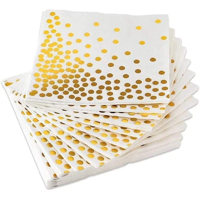 Set 20 de Servetele de Masa, Flippy, Imprimeu cu Buline Aurii, din Hartie, 17 x 17 cm, Alb