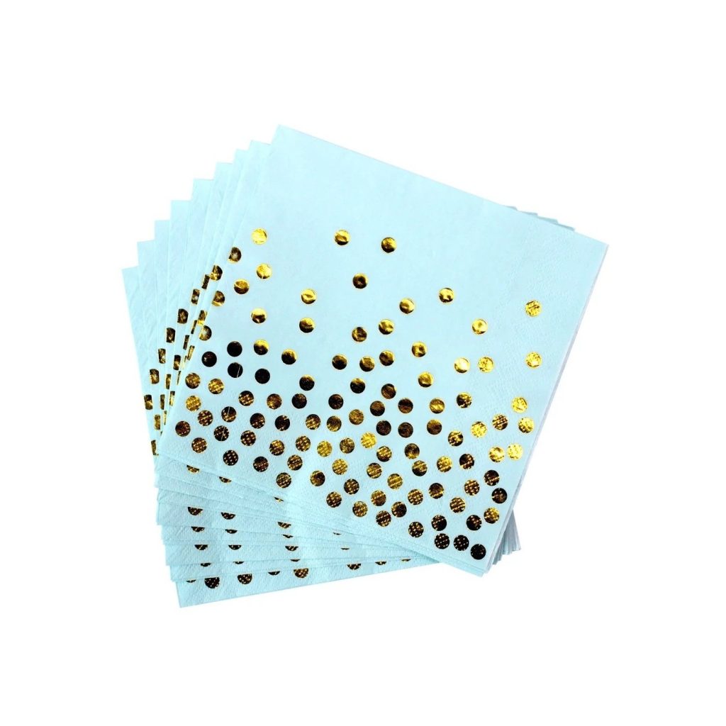 Set 20 de Servetele de Masa, Flippy, Imprimeu cu Buline Aurii, din Hartie, 17 x 17 cm, Albastru