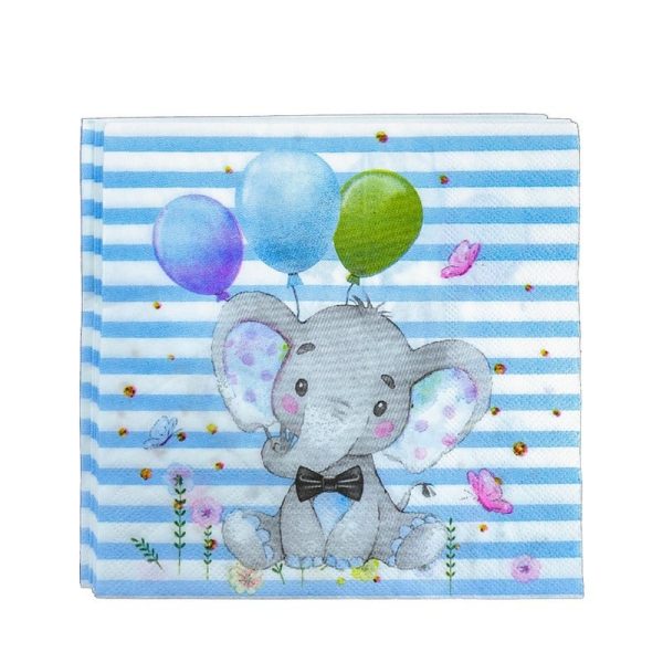 Set 20 de Servetele de Masa, Flippy, Imprimeu Elefant, din Hartie, 16.5 x 16.5 cm, Albastru