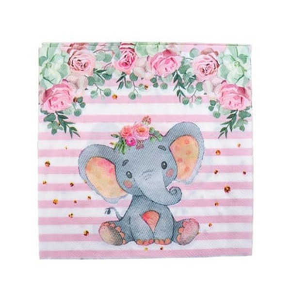 Set 20 de Servetele de Masa, Flippy, Imprimeu Elefant, din Hartie, 16.5 x 16.5 cm, Roz