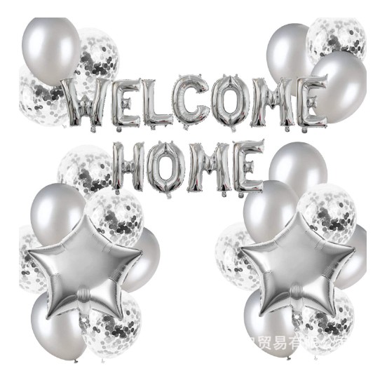 Set baloane folie si latex, Flippy, WELCOME HOME, 22 de piese, 20 baloane latex, 2 baloane stea Folie, 1 set Welcome Home, Argintiu