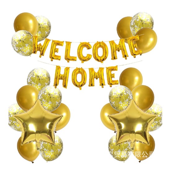 Set baloane folie si latex, Flippy, WELCOME HOME, 22 de piese, 20 baloane latex, 2 baloane stea Folie, 1 set Welcome Home, Auriu