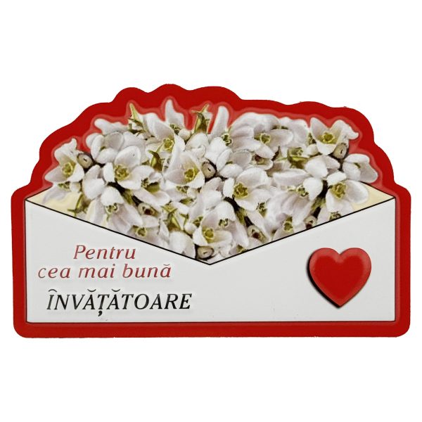 Martisor pentru Invatatoare, Flippy, Set 24 Bucati, Magnet Martisor pentru Frigider, Mesaj pentru Invatatoare, 10 x 6 cm, Alb Rosu