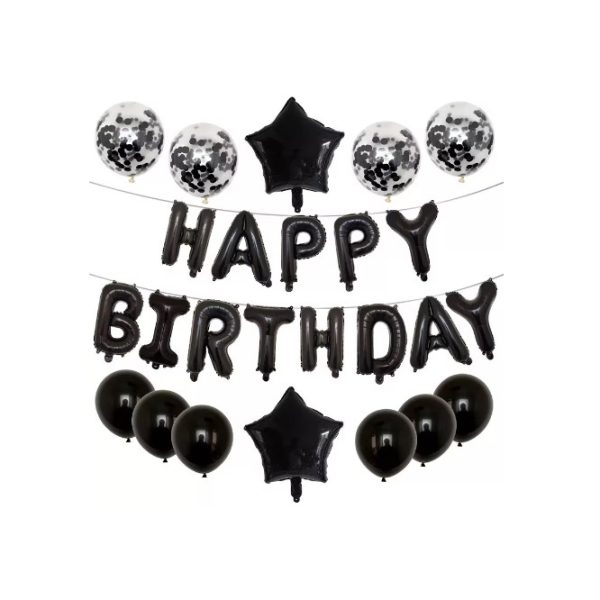 Set 25 de Baloane din Folie Metalizata si Latex, Flippy, Figurine 2 Stele, 4 Baloane Confetti, 13 Litere, 6 Latex, Model Happy Birthday, Tema Aniversare, 40 cm, Ambalaj Individual, Pai Inclus, Umflare cu Aer sau Heliu, Negru