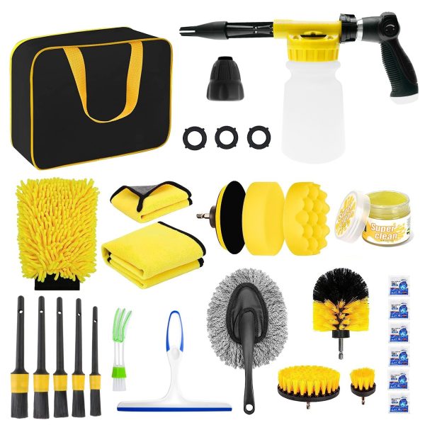 Set 26 Accesorii pentru Curatare Auto, Flippy, din PP si Microfibra, Interior/Exterior, 30.5 x 27.5 x 16 cm, Galben/Negru