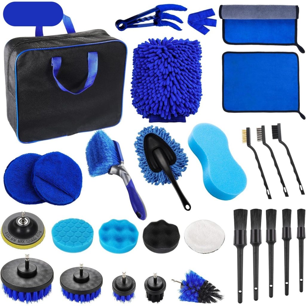 Set 29 Accesorii pentru Curatare Auto, Flippy, din PP si Microfibra, Interior/Exterior, 30 x 24 x 12 cm, Albastru/Negru
