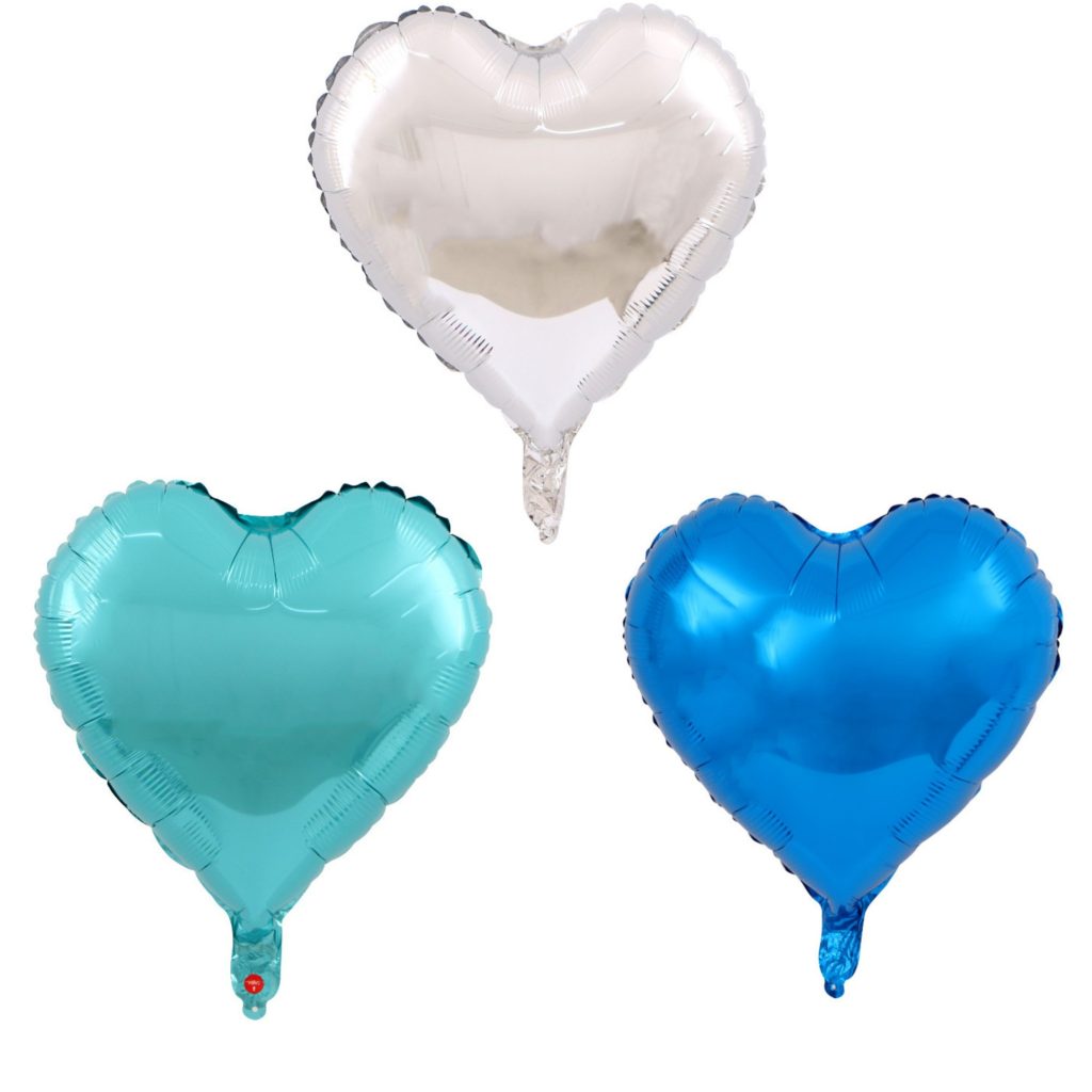 Set 3 Baloane din Folie Metalizata, Flippy, Figurina Inima, Tema Ziua Indragostitilor, 45 cm, Ambalaj Individual, Pai Inclus, Umflare cu Aer sau Heliu, Albastru/Argintiu