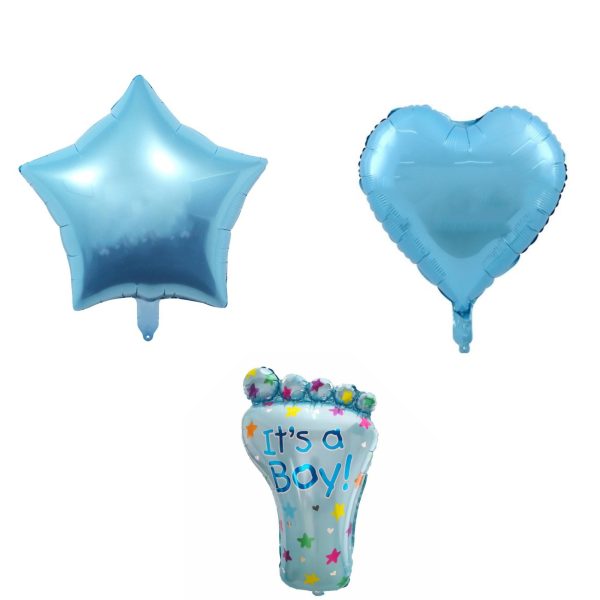 Set 3 Baloane din Folie Metalizata, Flippy, Figurine Picior 46x79 cm, Inima 45cm, Stea 45cm, Model It's a Boy, Tema Gender Reveal, Ambalaj Individual, Pai Inclus, Umflare cu Aer sau Heliu, Albastru