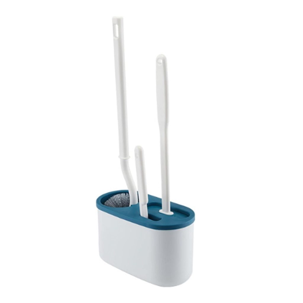 Set 3 Perii pentru Toaleta, Flippy, din Silicon, Perie Zimtata, Cap Flexibil, Suport Adeziv pentru Montarea pe Perete, 39 x 19 x 9.8 cm, Albastru/Alb