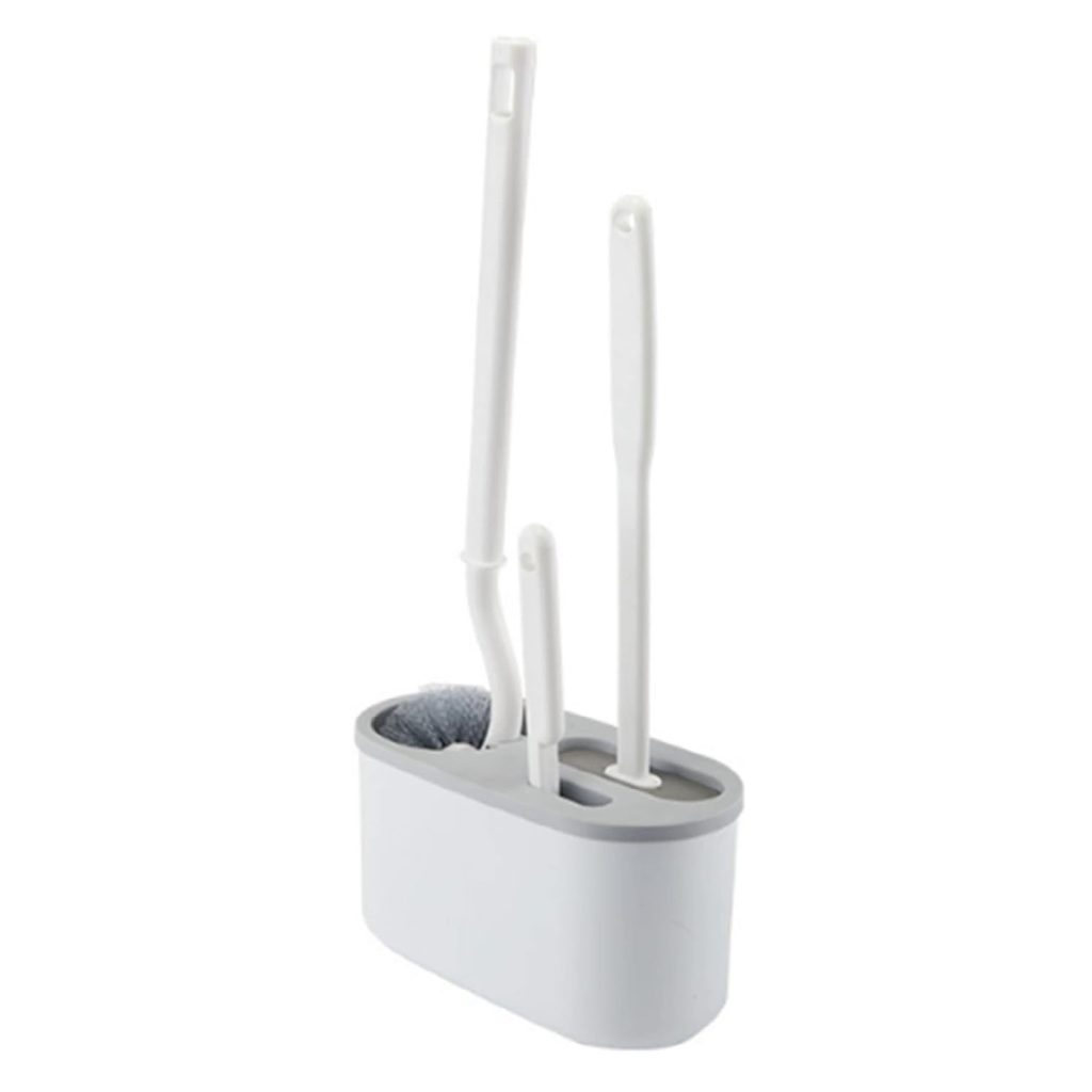 Set 3 Perii pentru Toaleta, Flippy, din Silicon, Perie Zimtata, Cap Flexibil, Suport Adeziv pentru Montarea pe Perete, 39 x 19 x 9.8 cm, Gri/Alb