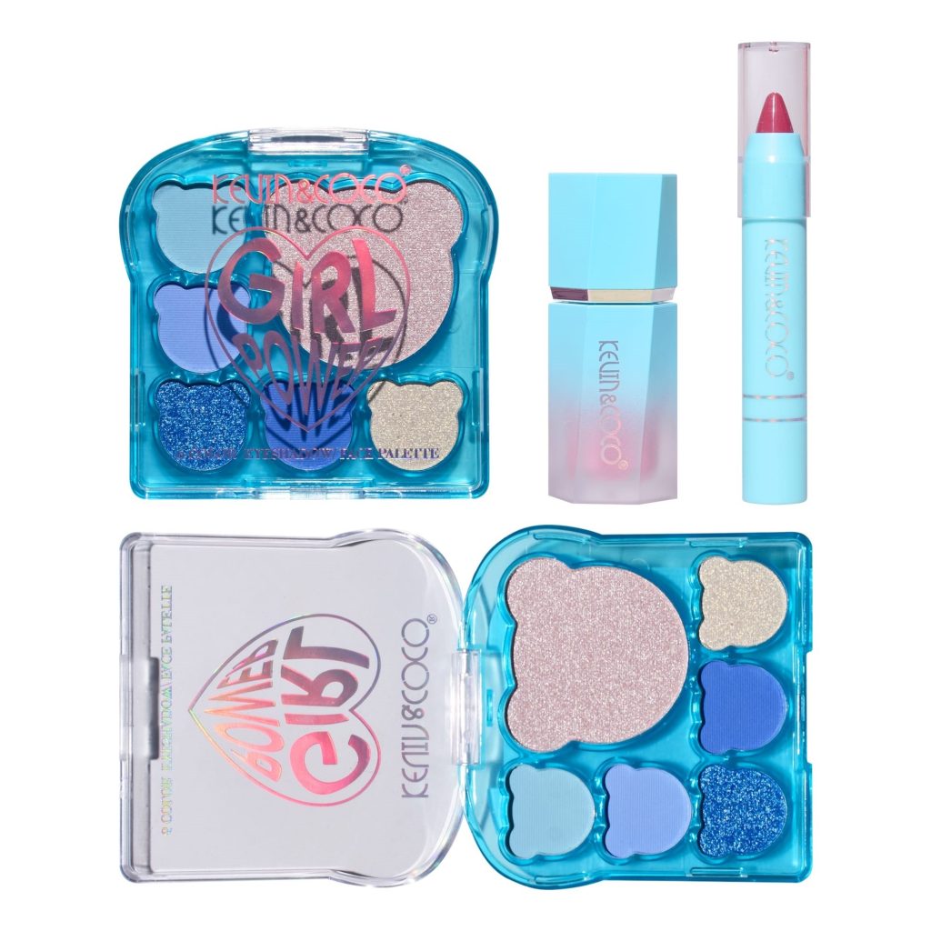 Set 3 Produse de Machiaj Kevin&Coco Ice Blue Bear, Paletă Farduri de Pleoape 6 Culori, Ruj Creion și Lip Gloss, Nuanțe Albastre și Sidefate, Design Ursuleț, 15.5 x 13 x 3.4 cm, Albastru
