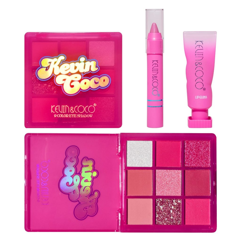 Set 3 Produse de Machiaj Kevin&Coco Pink Hearted, Paletă Farduri de Pleoape 9 Culori, Ruj Creion și Lip Gloss, Pigmentare Intensă, Nuanțe Roz, 15.5 x 13 x 3.4 cm, Roz
