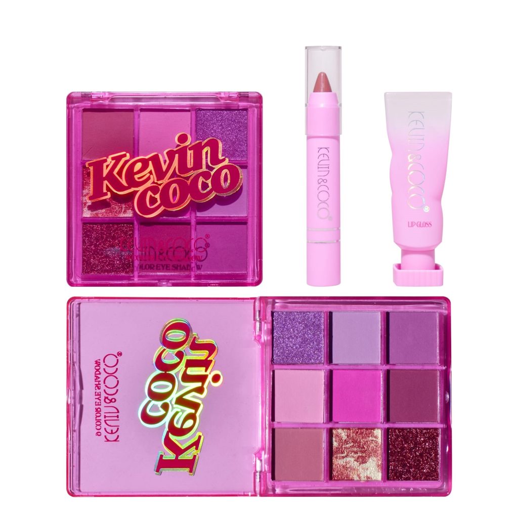 Set 3 Produse de Machiaj Kevin&Coco Pink Ice Star, Paletă Farduri de Pleoape 9 Culori, Ruj Creion și Lip Gloss, Nuanțe Roz și Mov, Finisaje Mate și Strălucitoare, 15.5 x 13 x 3.4 cm