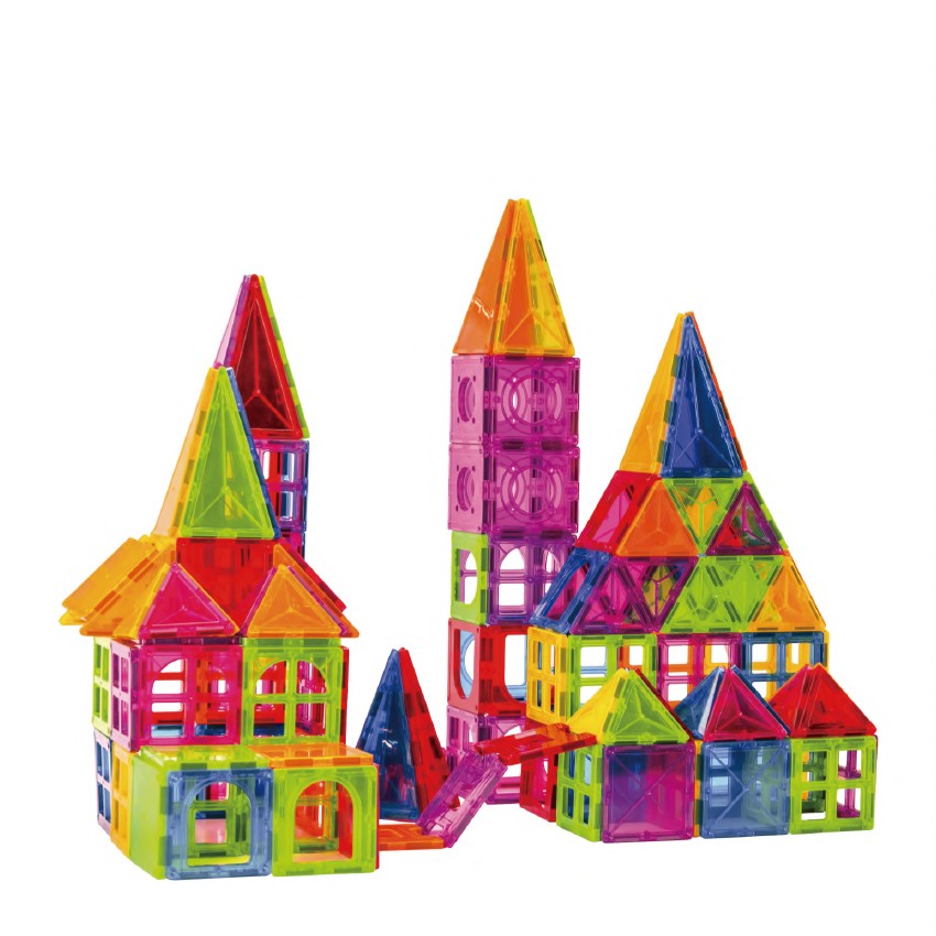 Set 60 de Piese Magnetice de Constructie, Flippy, Magnetic Tiles, Piese Mari, Forme Geometrice, 3 Ani, ABS, Magnet, 20.5 x 14.5 x 12 cm, Multicolor