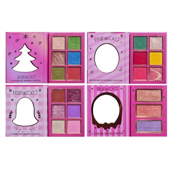 Set 4 Palete de Machiaj Kevin&Coco Christmas Jingle, 21 Culori, Farduri de Pleoape și Iluminator, Ediție Festivă Crăciun, 27.3 x 20.8 x 2.4 cm, Multicolor