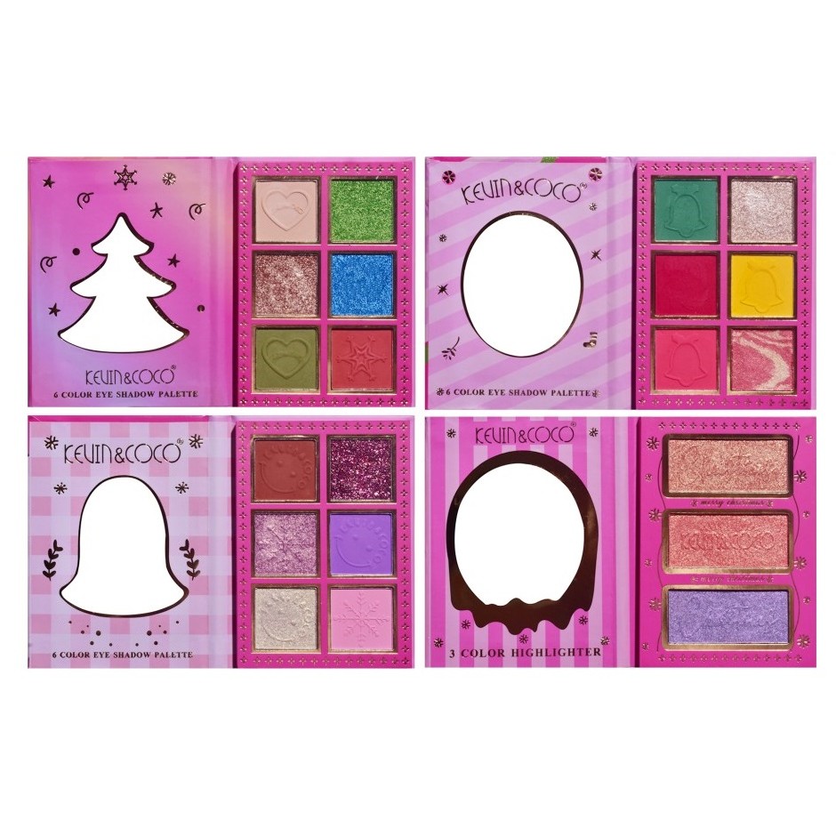 Set 4 Palete de Machiaj Kevin&Coco Christmas Jingle, 21 Culori, Farduri de Pleoape și Iluminator, Ediție Festivă Crăciun, 27.3 x 20.8 x 2.4 cm, Multicolor
