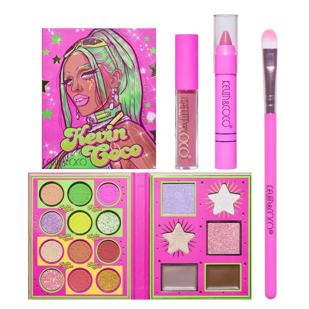 Set 4 Produse de Machiaj, KEVIN & COCO, Green Cool Girl, 18 Culori, Farduri de Ochi Mate, Sidefate și Glitter, Iluminatoare, Produse pentru Conturare, Luciu de Buze și Pensulă Inclusă, Multicolor, 20.5 x 18.2 x 2.2 cm