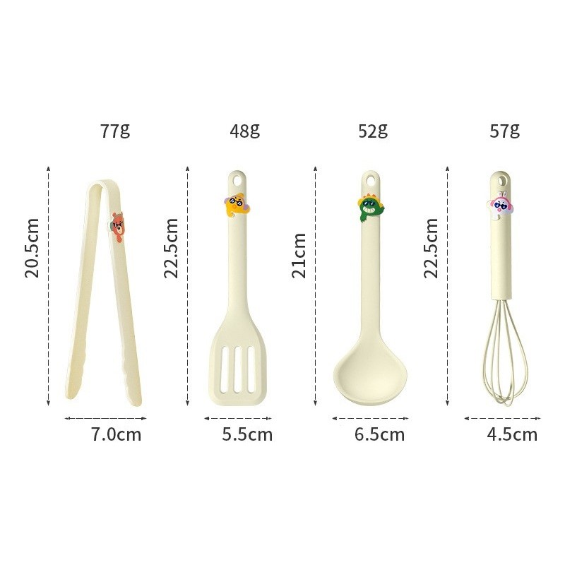 Set 4 Ustensile de Bucatarie, Flippy, pentru Copii, din Silicon, Termorezistente, Design Animat, 13 x 24 x 5 cm, Bej