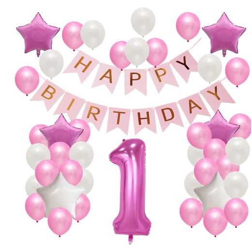 Set Baloane Aniversare HAPPY BIRTHDAY, Flippy, set din 42 bucati, 1 bucata cifra mare, 4 stele din folie aluminiu, 37 simple din latex, Baby Girl, 60 cm Roz