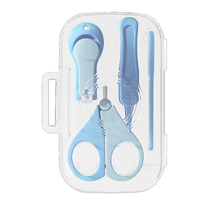 Set 4in1 de Ingrijire Unghii pentru Bebelusi, Flippy, Cutie de Depozitare Texturata, 0-6 Ani, 13.6x8x2 cm, Albastru