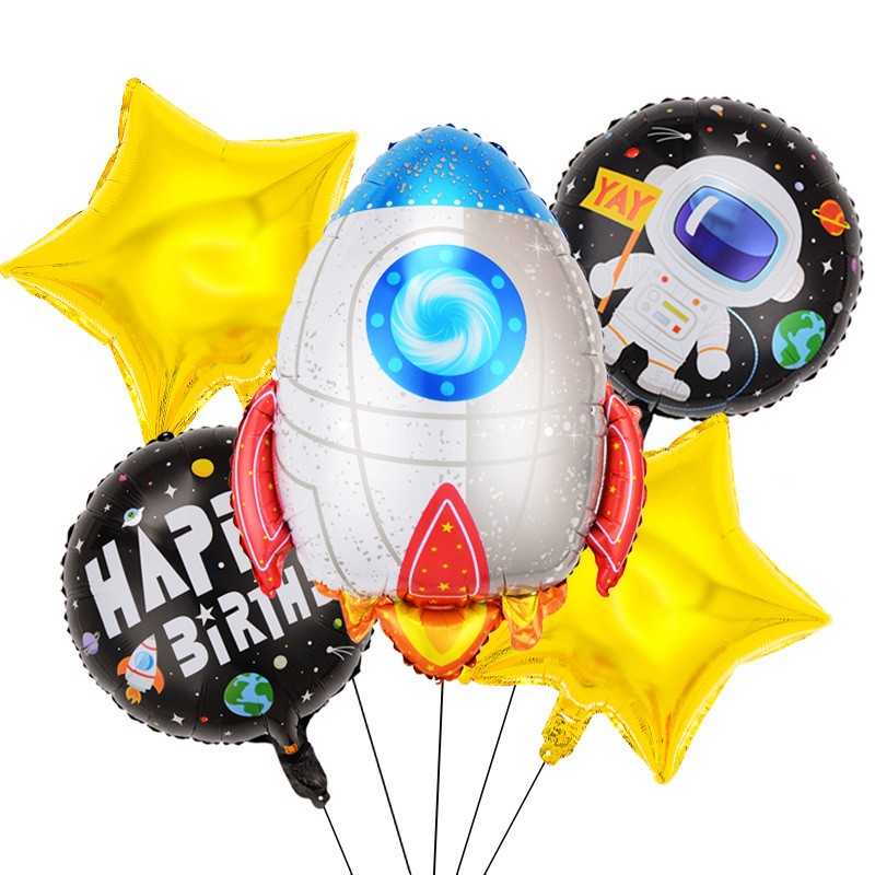 Set 5 baloane din folie metalizata HAPPY BIRTHDAY, Flippy, Figurina Model Racheta, Stelute Galbene, Adeziv si pai incluse, 78 x 45cm, Galben Alb