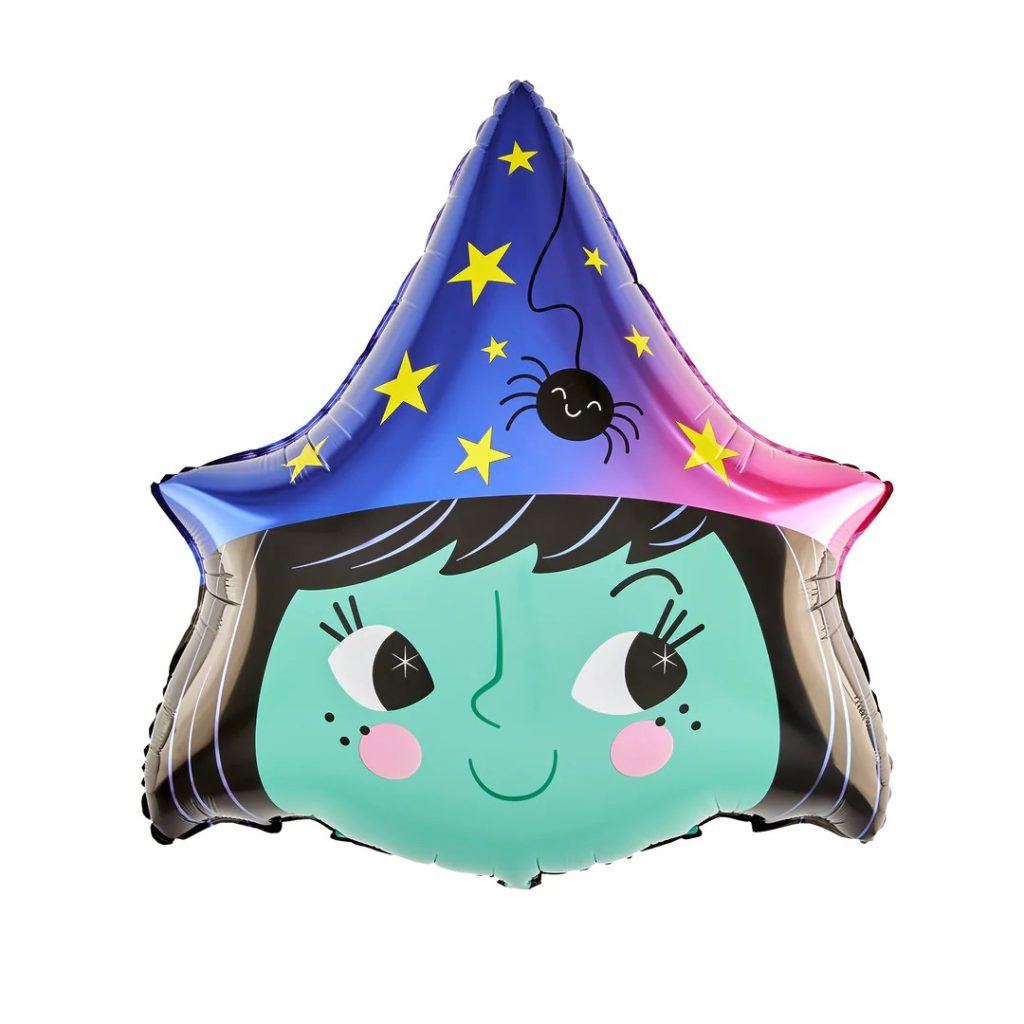 Baloane Halloween, Flippy, set din 5 Baloane, 1 Little Witch Halloween, 2 stele negre, 2 baloane rotunde multicolore, din folie de aluminiu, 30- 40 cm, pai de carton inclus, Multicolor