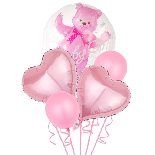 Set Baloane Aniversare, Flippy, set din 5 bucati, 1 bucata urs, 2 inimi folie, 2 simple din latex Baby Girl, 60 cm Roz