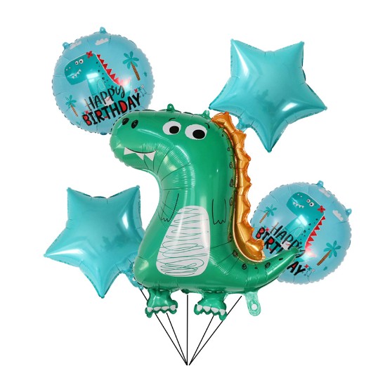 Set 5 Baloane folie de aluminiu, Flippy, Figurina Dinozaur, pentru aniversare HAPYY BIRTHDAY, Stelute Albastre si Baloane Albastre, 50 - 70 cm