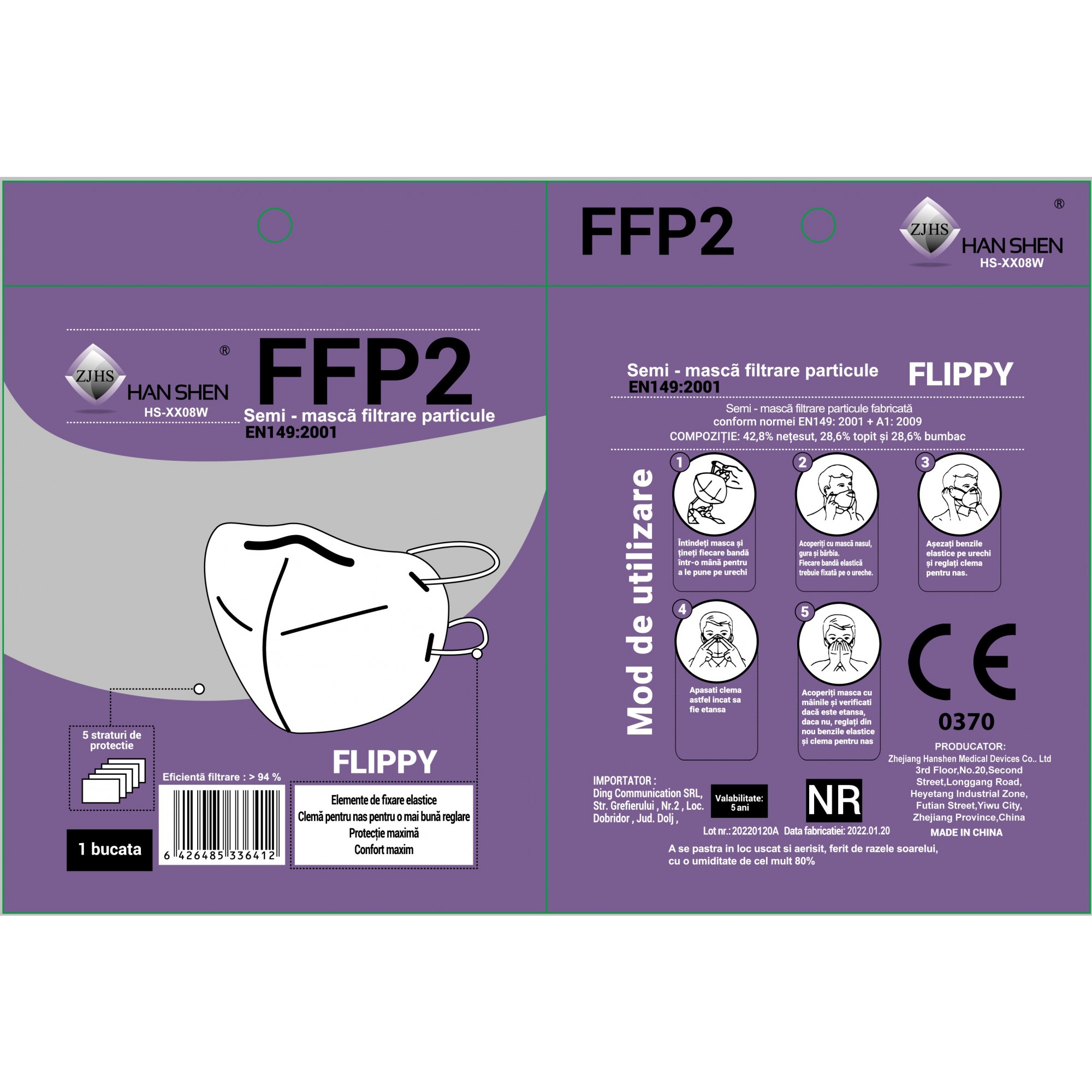 Set 5 bucati Masca de protectie faciala, Flippy®️, de unica folosinta, FFP2 CE 2163, 5 straturi, nesterila, ambalaj individual, Alb - Image 10