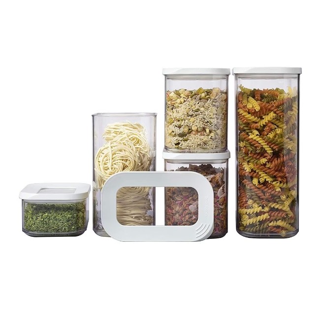 Set 5 Cutii de Depozitare Alimente, Flippy, Capac Alb, din ABS+Silicon, 23 x 15 x 27 cm, Transparent