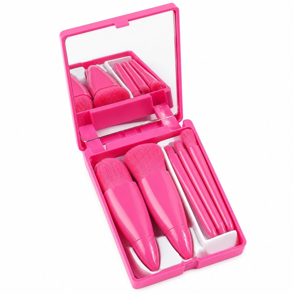 Set 5 Mini Pensule de Machiaj, Flippy, Portabile, in Carcasa cu Oglinda, din Par Sintetic Moale, 12x7x2.5 cm, Fucsia