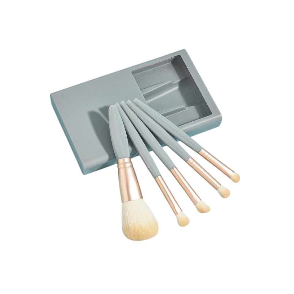Set 5 Pensule de Machiaj cu Peri Moi, Flippy, cu Suport pentru Depozitare si Oglinda inclusa, Albastru