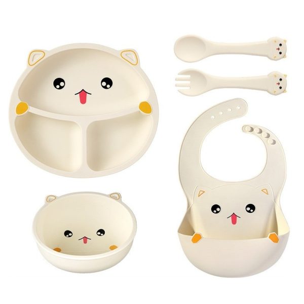 Set 5 Piese Hranire Bebelusi si Copii, Flippy, din Silicon, fara BPA, de la 12 Luni, Model Pisicuta, 28 x 26 x 2 cm, Bej