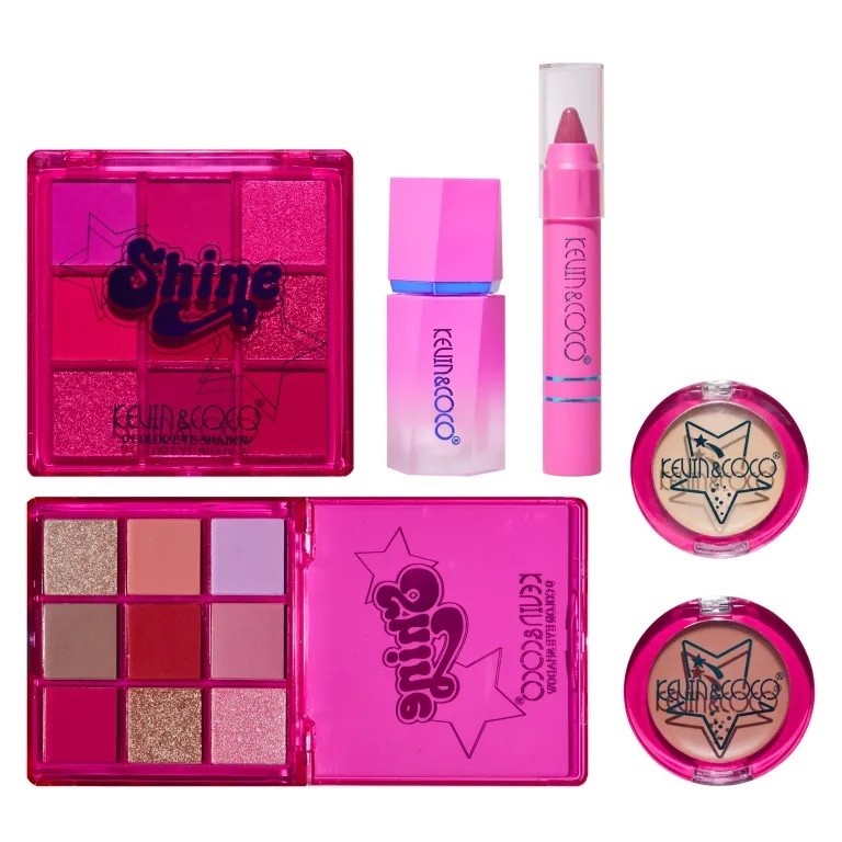 Set 5 Produse de Machiaj Kevin&Coco Shine Girl, Paletă Farduri 9 Culori, Ruj Creion, Ruj Cremos și 2 Pudre Compacte, Pigmentare Intensă, Design Roz, 18 x 15.8 x 3.5 cm, Roz