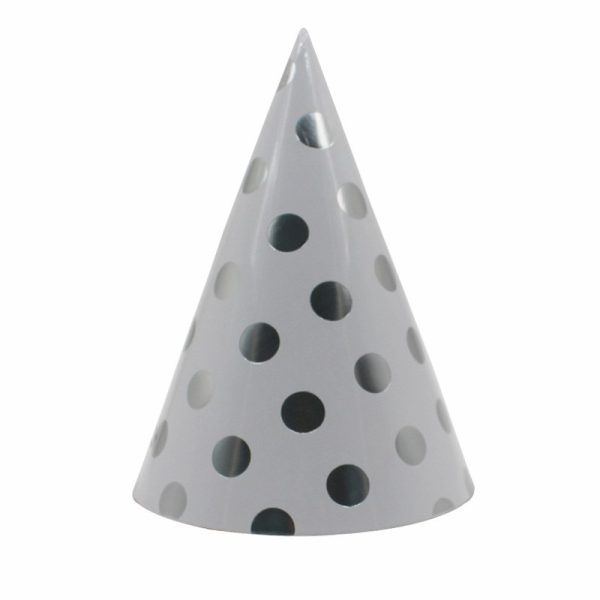Set 6 Coifuri Metalizate, Flippy, pentru Petrecere, Tematica Aniversare, Model Buline, 20 cm, Argintiu