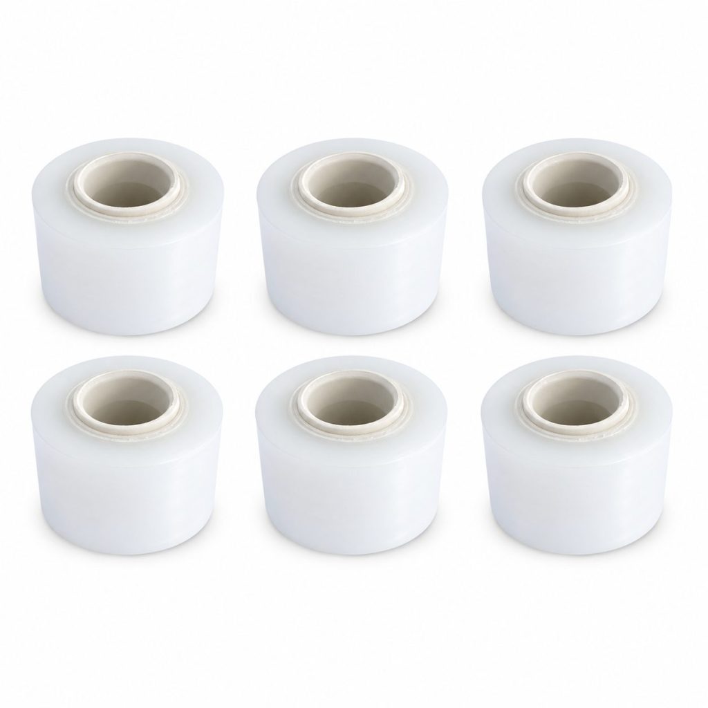Set 6 Mini Role Folie Stretch Manuala pentru Ambalare, Impachetare si Fixare Produse, Utilizare Depozit si Transport, 12.5 cm, 0.38 kg pe Rola, Transparent