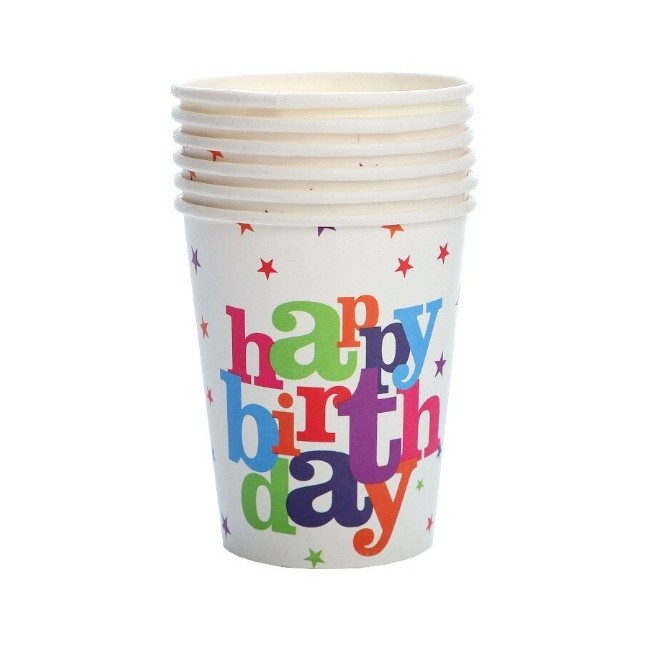 Set 6 Pahare, Flippy, Imprimeu Happy Birthday, din Carton, 7.5 x 7.8 cm, Multicolor