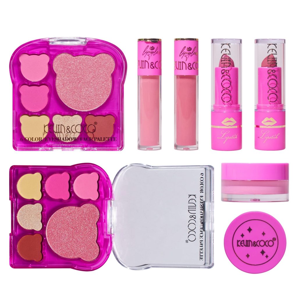 Set 6 Produse de Machiaj Kevin&Coco Pink Bear, Paletă Farduri și Iluminator, 2 Lip Gloss-uri, 2 Rujuri, Design Ursuleț, Nuanțe Roz, 16.2 x 16 x 2.5 cm, Multicolor