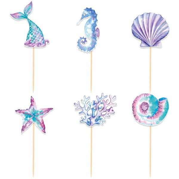 Set 6 Decorațiuni pentru Tort Flippy Mermaid, Toppers Tematici Sirenă și Ocean, Albastru/Mov