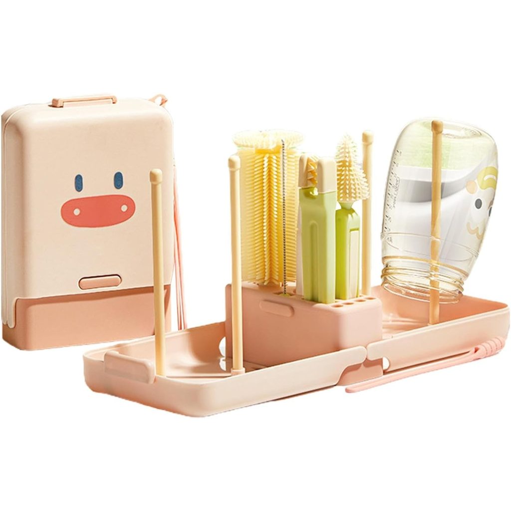 Set 7 Piese de Spalat/Uscat Biberoane, Flippy, Portabil, Peri de Silicon, pentru Tetine, Suzete, Biberoane, Paie, Cutie Inclusa, 16.8 x 12 x 5 cm, Model Porcusor, Roz