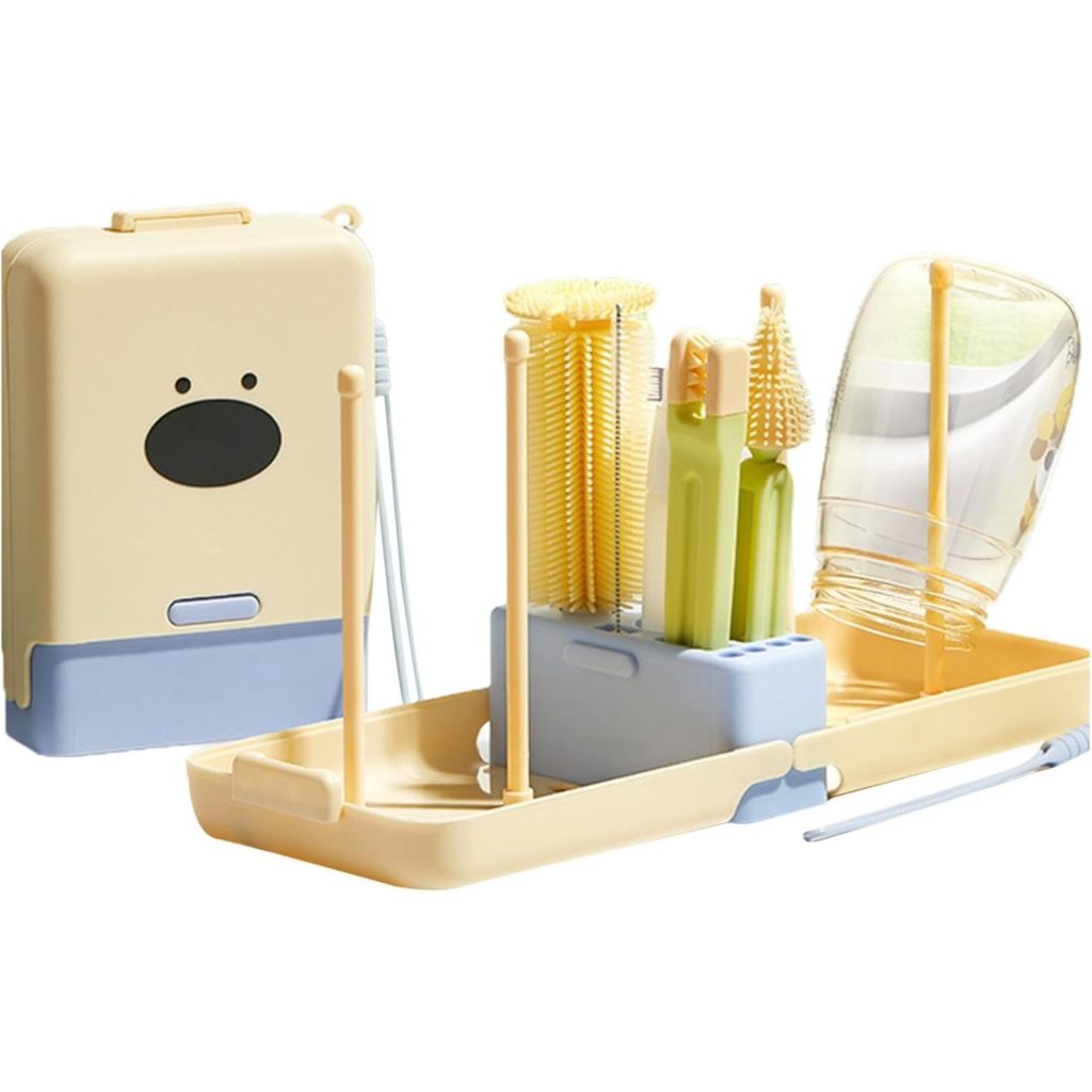 Set 7 Piese de Spalat/Uscat Biberoane, Flippy, Portabil, Peri de Silicon, pentru Tetine, Suzete, Biberoane, Paie, Cutie Inclusa, 16.8 x 12 x 5 cm, Model Catel, Albastru
