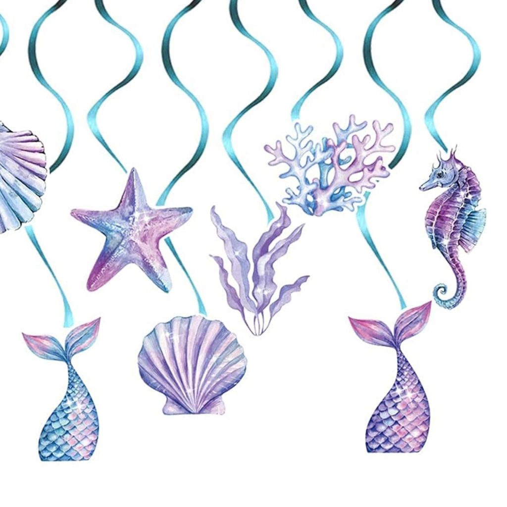 Set 8 Decoratiuni pentru Petrecere Sirena, Flippy, Colectia Mermaid, Panglici Incluse, Albastru/Mov