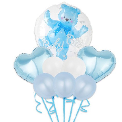 Set Baloane Aniversare, Flippy, set din 8 bucati, 1 bucata urs, 2 inimi folie, 5 simple din latex Baby Boy, 60 cm Albastru