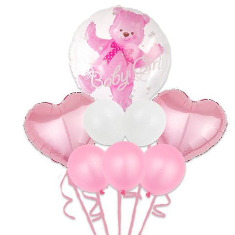 Set Baloane Aniversare, Flippy, set din 8 bucati, 1 bucata urs, 2 inimi folie,5 simple din latex Baby Girl, 60 cm Roz