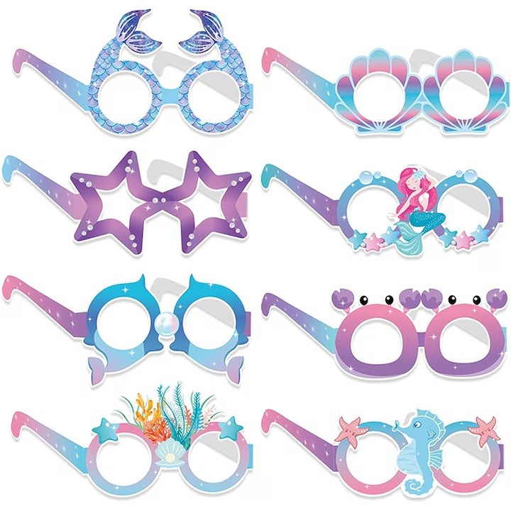 Set 8 Ochelari de Petrecere Flippy Mermaid, din Carton, Accesorii Foto pentru Copii, Albastru/Mov