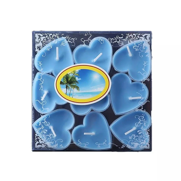 Set 9 Lumanari in Forma de Inima, Flippy, pentru Ziua Indragostitilor, Aroma Tropicala, Ardere 3.5 h, din Parafina, 4 x 2 cm, Albastru